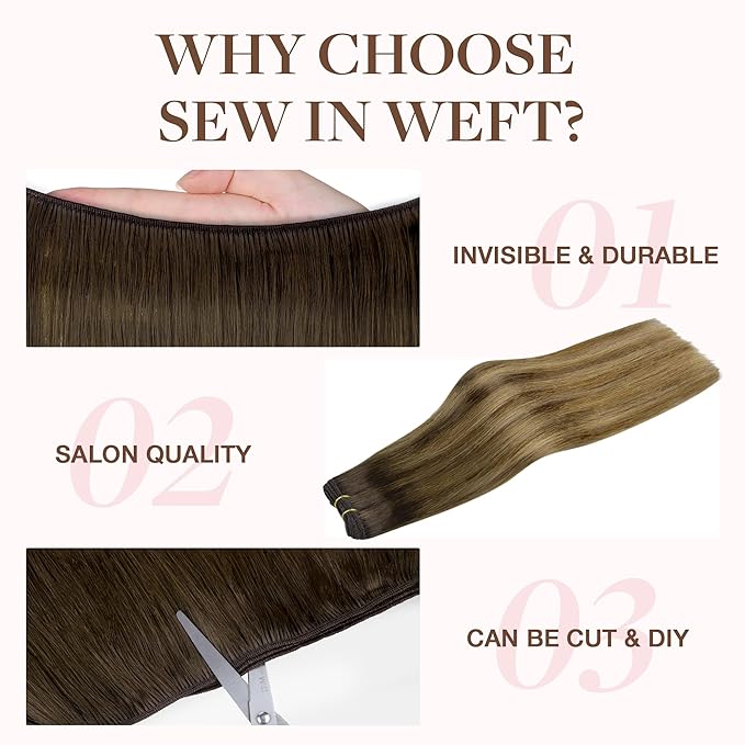 GOO GOO Sew in Hair Extensions Real Human Hair, Weft Hair Extensions Human Hair, 4D/14/5B Brunette Balayage 22inch 110g, Weft Bundles Straight Silky Remy Hair