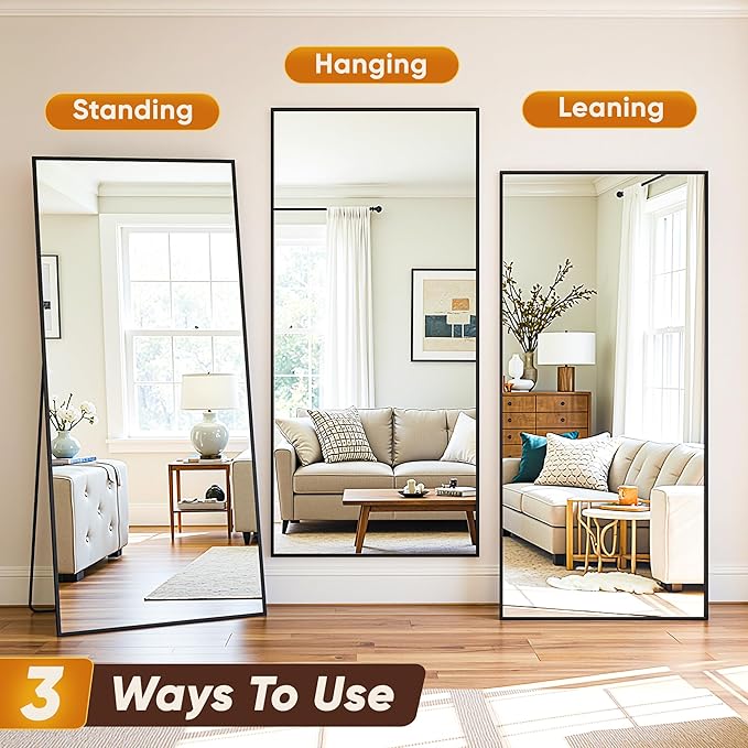 Suidia Full Length Mirror, 76"x34" Floor Mirror Freestanding, Rectangular Full Body Mirrors with Stand for Bedroom, Hanging Mounted for Living Room Cloakroom, Black