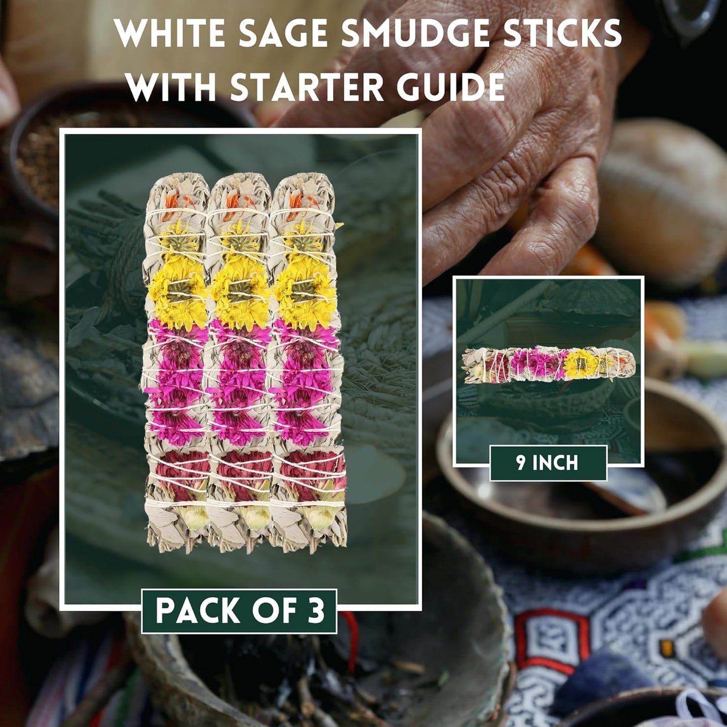 Joy Organic White Sage Smudge Sticks with Flowers for Cleansing Home, Meditation, Yoga, Healing and Smudging | Sustainably Sourced California White Sage Bundles (3 Pack - 9 Inch)