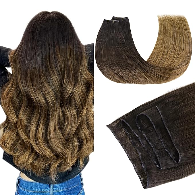 GOO GOO Genius Weft Hair Extensions Human Hair, Sew In Hair Extensions Rooted Remy Weft, 1D/2C/4E Chocolate Dip Color Melt 20inch 120g, Hand Tied Weft Hair Extensions