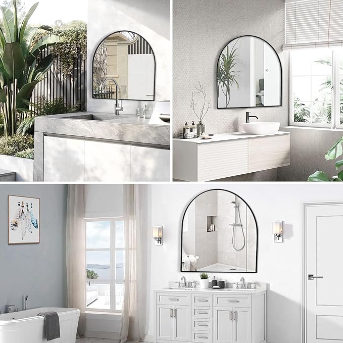 Large Black Arched Mirror, 30" x 30" Modern Brushed Metal Frame Arch Wall Decorative Mirror, Arched Top Bathroom Vanity Mirror for Living Room Bedroom Hallways Entryway