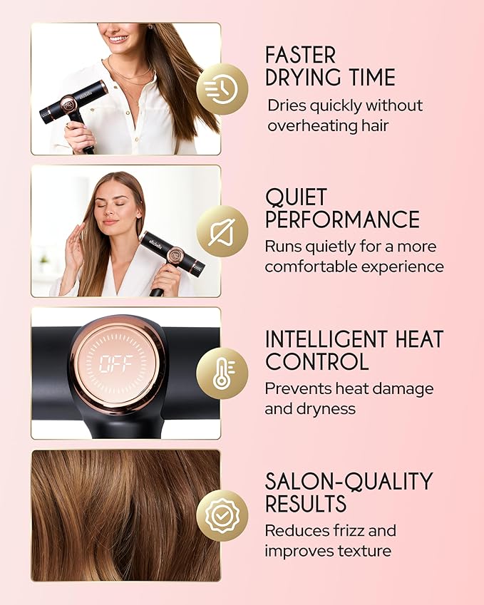 ELLA BELLA® Professional Ionic Hair Dryer with Diffuser • Dual Voltage Negative Ion Blow Dryer • Suitable All Hair Types • Intelligent Heat Control & Rapid Drying Speeds • Lightweight Design Low Noise
