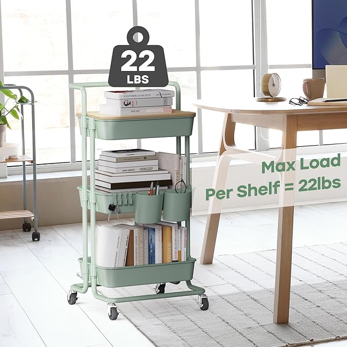 DTK 3 Tier Rolling Utility Cart with Cover Top Board, Movable Kitchen Storage Cart Trolley with Lockable Wheels, Cups, Hooks for Kitchen Bathroom Home Office Art Craft Storage(Turquoise/Green)