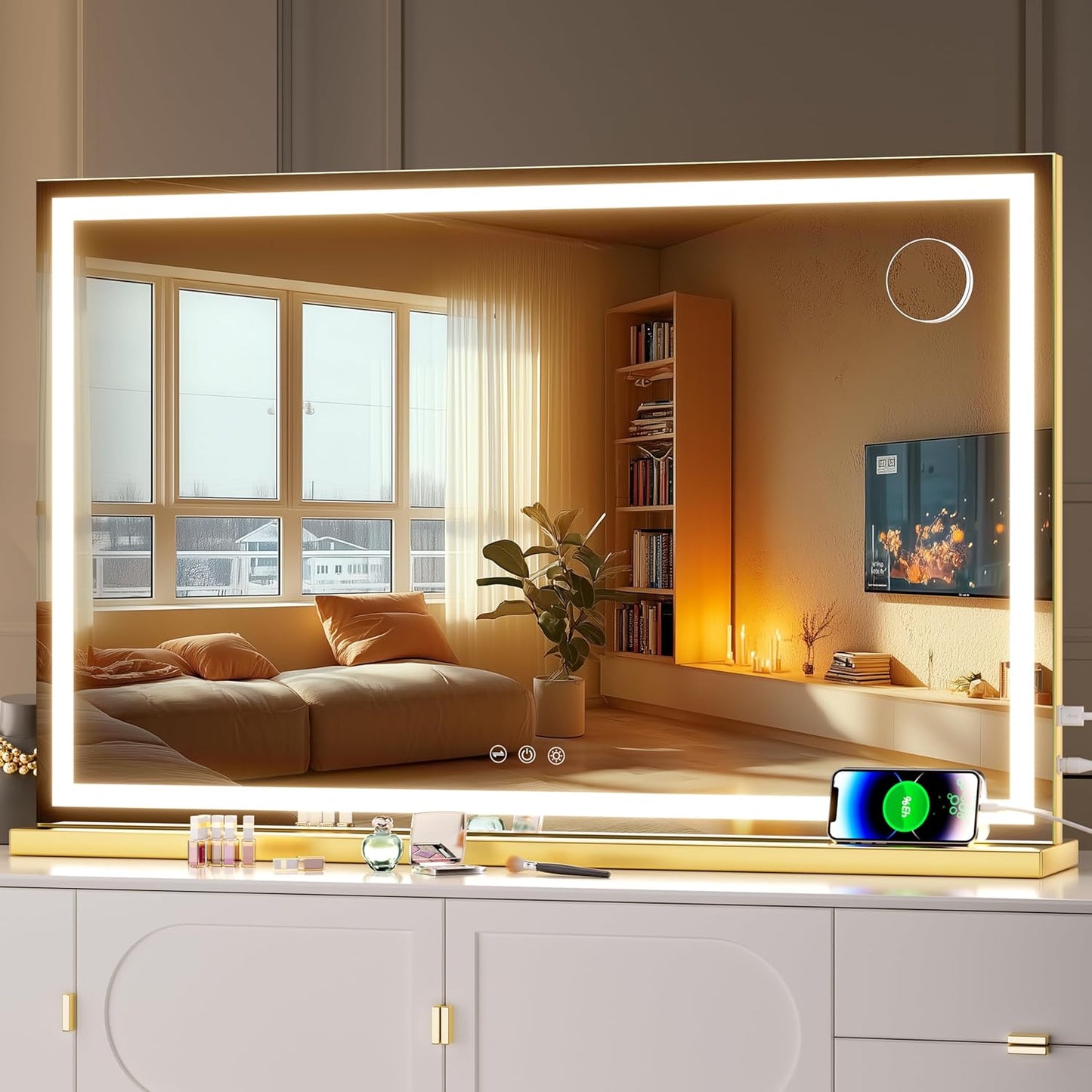 Hasipu Vanity Mirror with Lights, 32" x 20" LED Makeup Mirror, Lighted Makeup Mirror with Dimmable 3 Modes, Touch Screen Control Vanity Mirror Square Gold