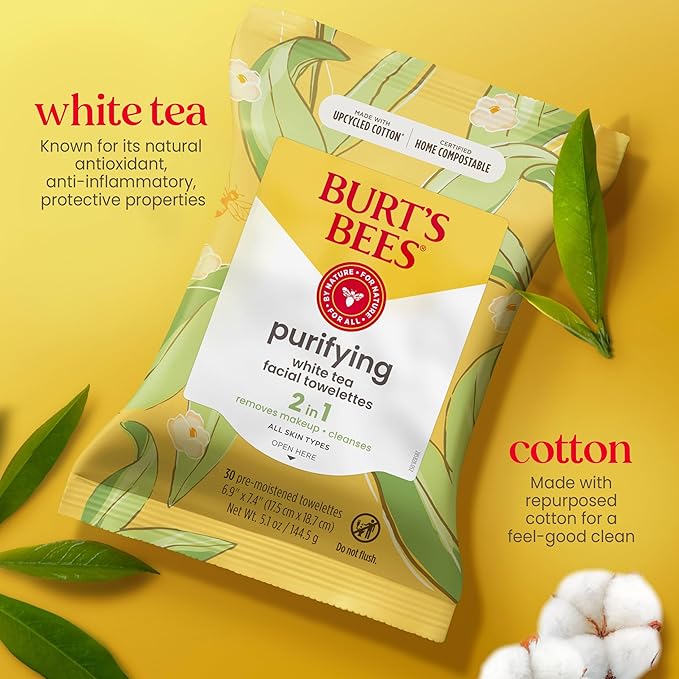 Burt's Bees White Tea Face Wipes, for All Skin Types, College Back to School Dorm Essentials, Hydrating Makeup Remover & Facial Cleansing Towelettes, 30 Ct. (3-Pack)