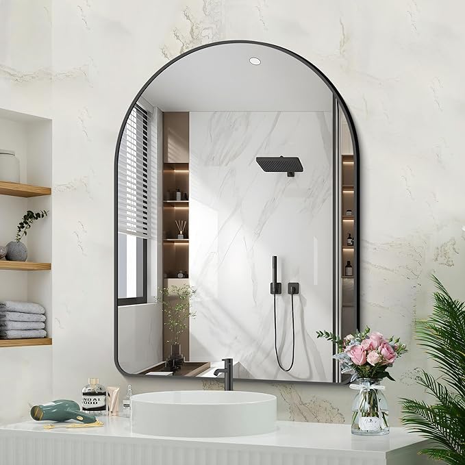 GLASHOM 30"x40" Black Arched Mirrors for Bathroom, Wall Mounted Mirror, Aluminum Alloy Brushed Framed Wall Mirror, Anti-Rust, Large Mirror for Over Sink, Bedroom, Entryway (Vertical)