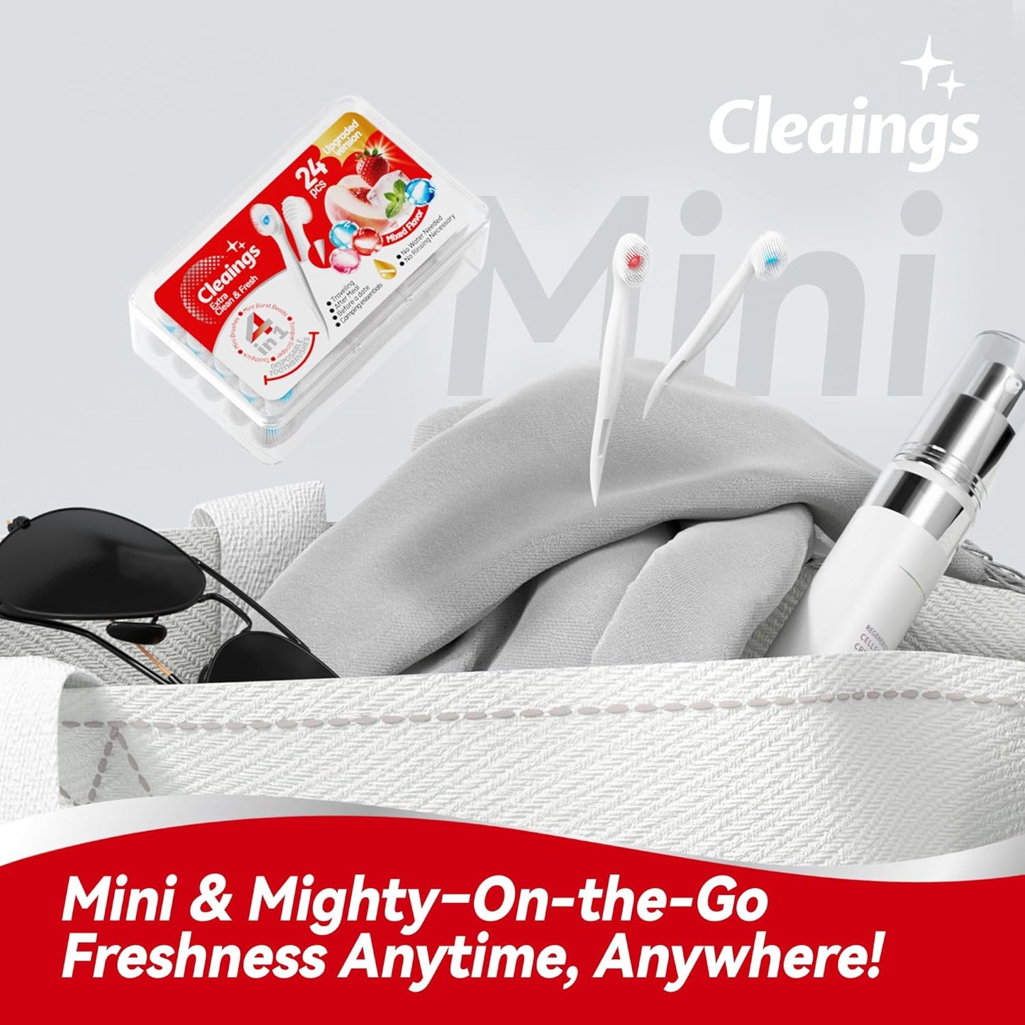 cleaings® Mini Disposable Toothbrush Set with Toothpaste – Travel Essentials, Portable Toothbrush for Women & Men, Camping, Road Trip, Vacation, 24 Count-Ice Peach Flavor（Pack of 5）