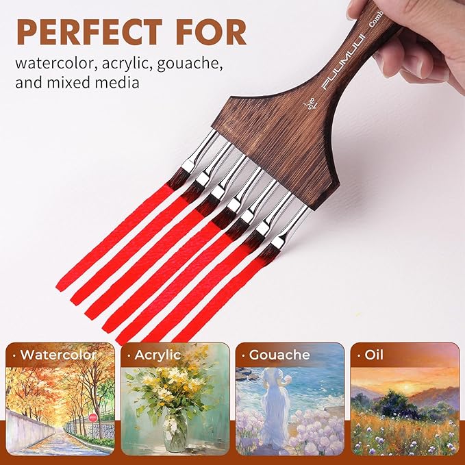 Fuumuui Grainer Brush Set - 3Pcs Professional Multi-Tooth Brushes, Flat Head Comb Brush Set Designed for Textures and Special Effects for Acrylic Painting, Oil & Watercolor, Short Handle