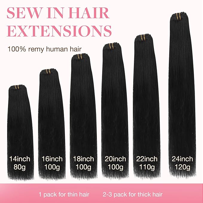 GOO GOO Sew in Hair Extensions Real Human Hair, Weft Hair Extensions Human Hair, 1 Jet black 16inch 90g, Weft Bundles Straight Silky Remy Hair