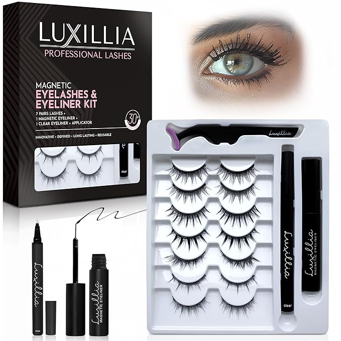 Luxillia Magnetic Eyelashes Kit – 10 Piece (Clear & Black) Magnetic Eyelash & Eyeliner Set with Applicator – Natural Look Easy Apply Reusable Fake Extension Lashes, No Glue – Pestañas Naturales