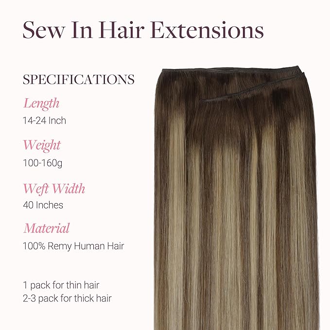 GOO GOO Sew in Hair Extensions Real Human Hair, Weft Hair Extensions Human Hair, 4/26/4 Balayage Chocolate Brown to Honey Blonde 22inch 145g, Weft Bundles Straight Silky Remy Hair