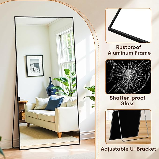 Suidia Full Length Mirror, 76"x34" Floor Mirror Freestanding, Rectangular Full Body Mirrors with Stand for Bedroom, Hanging Mounted for Living Room Cloakroom, Black