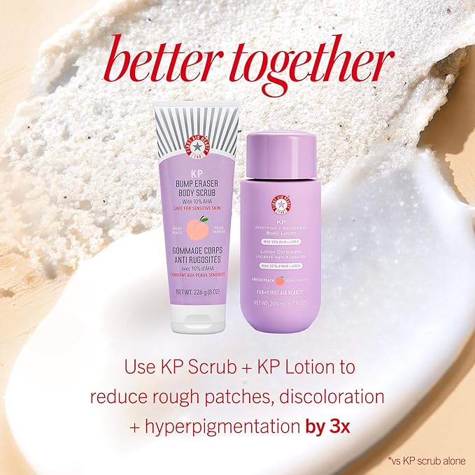 First Aid Beauty - KP Bump Eraser Body Scrub with 10% AHA, Keratosis Pilaris Exfoliator with Glycolic and Lactic acids, Helps Reduce Chicken Skin Bumps, Safe for Sensitive Skin, Peach Scent (2 oz)