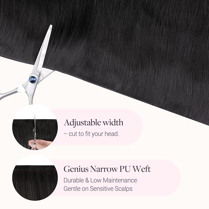 GOO GOO Genius Narrow Edge PU Weft Hair Extensions Human Hair, Invisible Sew in Hair Extensions Human Hair, 1B Natural Black 20 Inch 120g, Seamless Soft Lightweight