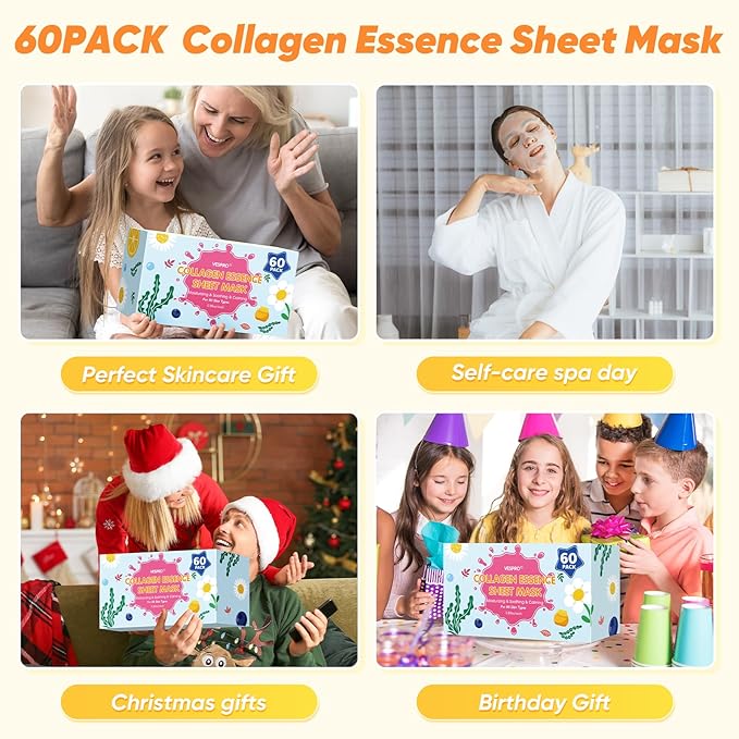 60 Pack Bulk Collagen Facial Masks, moisturizing & Hydrating Face Masks for Women, Skin Care for All Skin Types, Stocking Stuffers, Christmas Gifts, Sleepover Party for Teen Girls(12 Types x 5 Pcs)