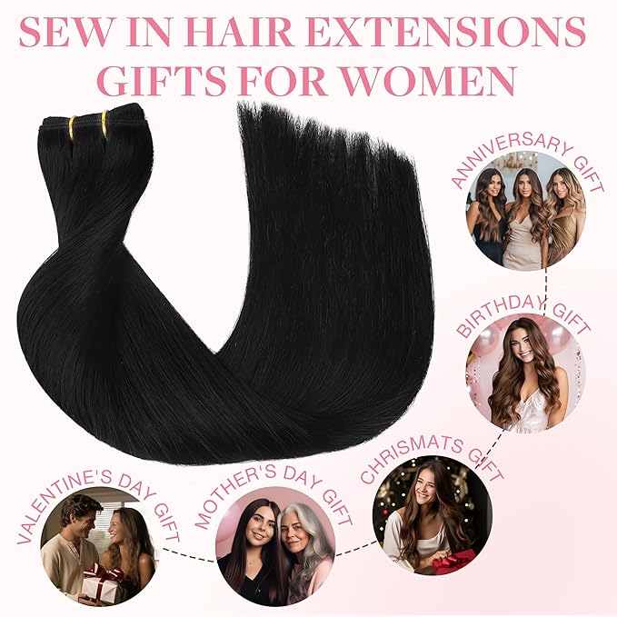 GOO GOO Sew in Hair Extensions Real Human Hair, Weft Hair Extensions Human Hair, 1 Jet black 16inch 90g, Weft Bundles Straight Silky Remy Hair