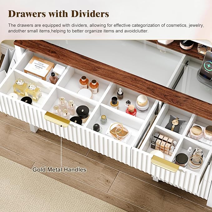 43" Large Vanity Desk with 30" HD Lighted Mirror,Modern Vanity Desk with Mirror and Lights, Makeup Vanity with 5 Drawers and Storage Shelves and Charging Station, White