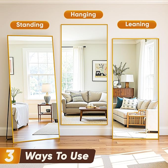 Suidia Full Length Mirror, 76"x34" Floor Mirror Freestanding, Rectangular Full Body Mirrors with Stand for Bedroom, Hanging Mounted for Living Room Cloakroom, Gold