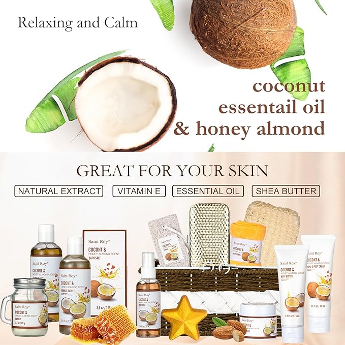 Valentines Day Gifts for Women & Men Spa Gift Basket Luxury Bath and Body Basket Set 17-Piece Coconut Honey Almond Large Luxury Home Spa Kit, Relaxing Self Care Pamper Gifts Birthday Bridal Shower