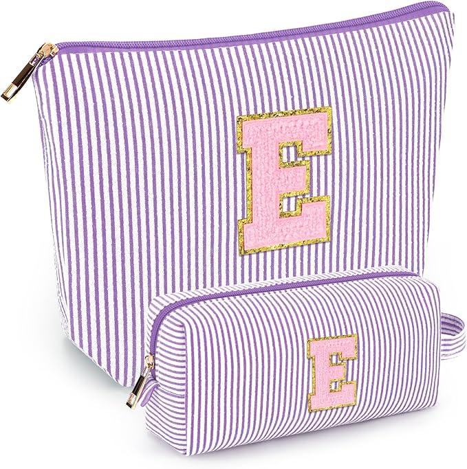 mibasies 2 PCS Initial Makeup Bags for Women: - Birthday Gifts for Teen Girls 11 12 13 14 15 16 Years Old - Preppy Trendy Stuff - Cosmetic Bag for Travel Toiletry - Purple E