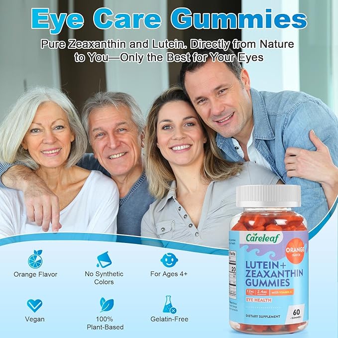 Vegan Lutein and Zeaxanthin Supplements, Lutein for Eyes with Zeaxanthin & Vitamin A, Lutein Gummies for Dry Eye Relief & Clear Vision, Eye Vitamins for Seniors & Kid, 60 Count, Orange Flavor