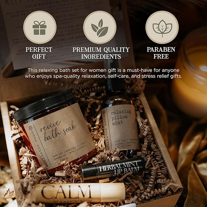 SOULISTIC ROOT Self-Care Set - Luxury Spa Bath Kit, Pillow Mist, Cooling Lip Balm, Tranquil Essential Oil Roller & Epsom Salt Bath Soak Pampering Package, Valentine's Day Holistic Gifts for Him & Her