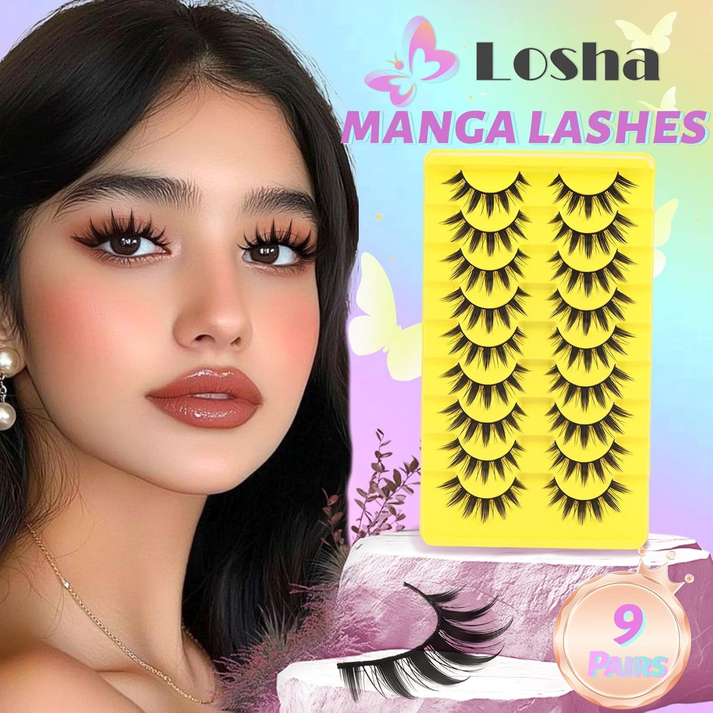 Losha Lashes Spiky Manga Lashes Wispy Anime False Eyelashes 9 Pairs 8D Asian Eye Lashes Natural Anime Fake Eyelashes (Lovely)