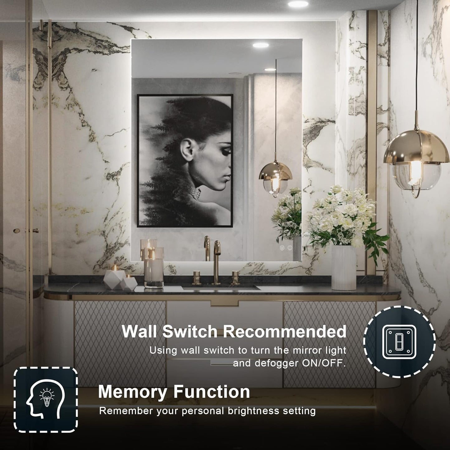 TETOTE 36 x 28 LED Backlit Bathroom Vanity Mirror with Light,3Color White/Warm/Natural,Anti-Fog Lighted Mirror,Dimmable,Wall Mounted