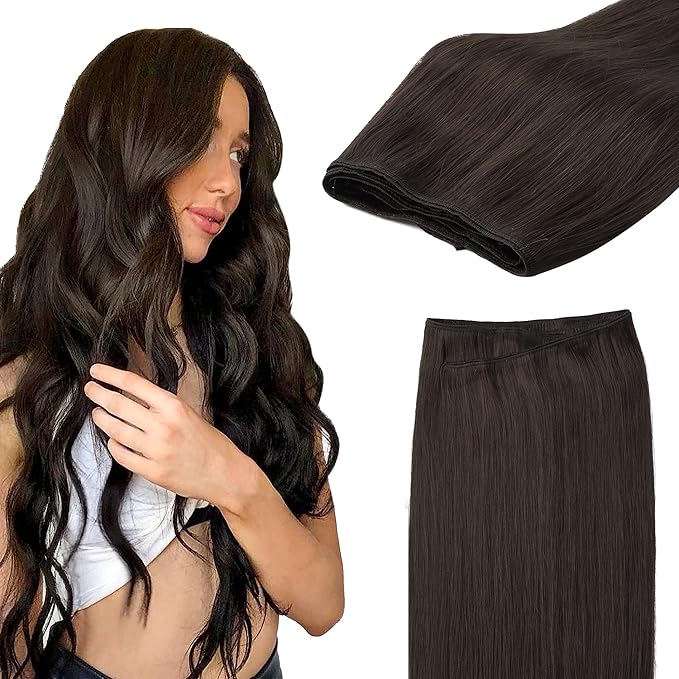 GOO GOO Sew in Hair Extensions Real Human Hair, Weft Hair Extensions Human Hair, 2A Light Brown 20inch 105g, Weft Bundles Straight Silky Remy Hair