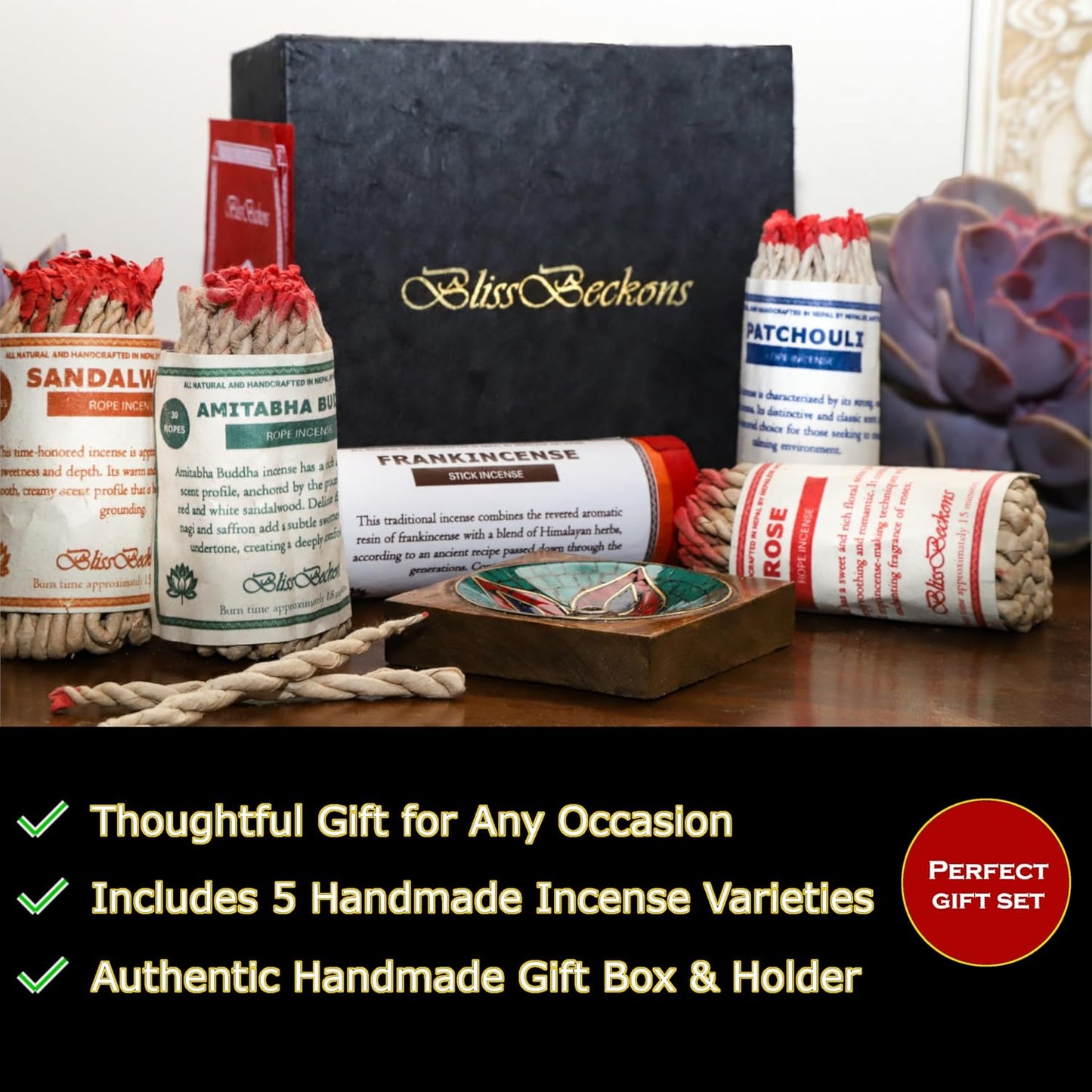 Handmade Tibetan Incense Gift Set – 150 pcs Incense Variety Pack: Frankincense, Patchouli, Sandalwood, Rose, Amitabha Buddha, Incense Holder, 4 Rope Bundles and 1 Stick Bundle