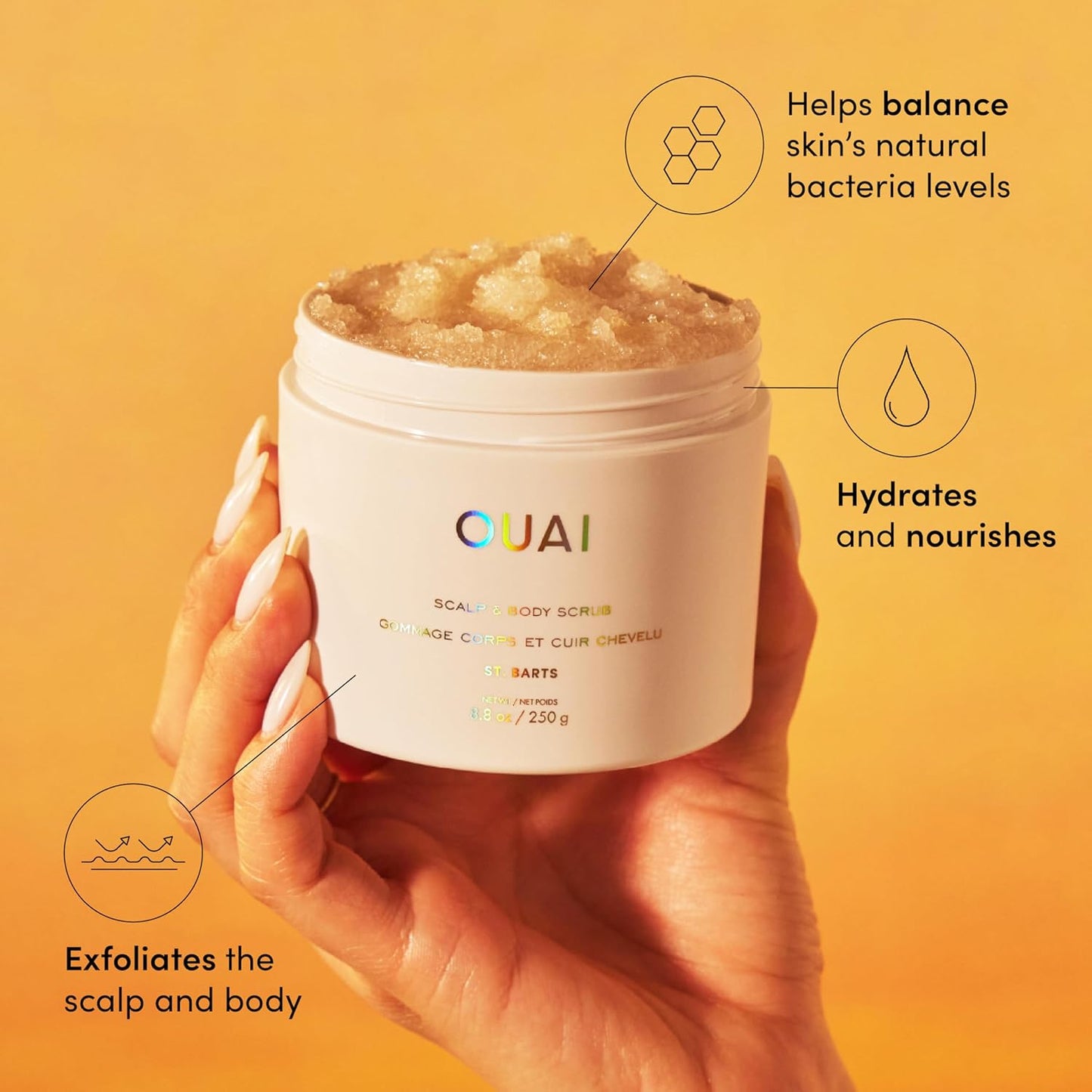 OUAI Scalp & Body Scrub, St. Barts - Exfoliating Body Scrub with Sugar & Coconut Oil Blend for Smooth, Moisturized Skin - Gentle Scalp Exfoliator for Removing Product Build Up (8.8 Oz)
