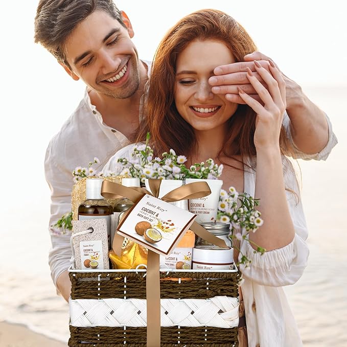 Valentines Day Gifts for Women & Men Spa Gift Basket Luxury Bath and Body Basket Set 17-Piece Coconut Honey Almond Large Luxury Home Spa Kit, Relaxing Self Care Pamper Gifts Birthday Bridal Shower