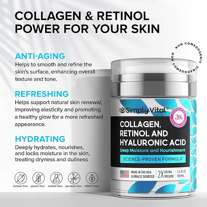 Anti-Aging Face Moisturizer with Retinol, Collagen & Hyaluronic Acid - Made in USA - Moisturizer Face Cream for Women & Men - Firming & Hydrating Neck Cream - Day & Night Skin Care - 3.38 fl oz