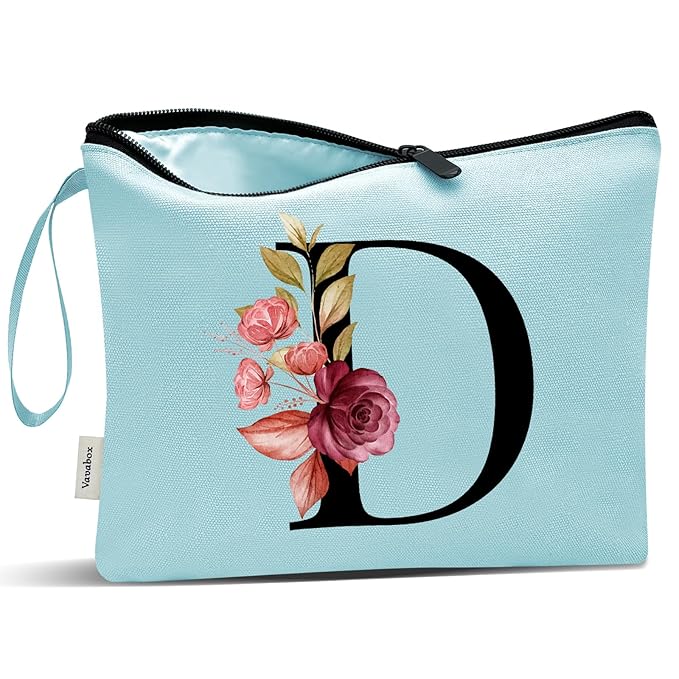 Vavabox A-Z Personalized Makeup Bag, Birthday Gifts for Women Mom, Gifts for Best Friend, Bride Bridesmaid Cosmetic bag (D, Green)