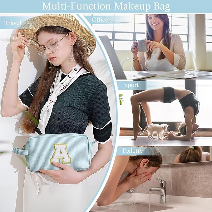 YOOLIFE Gifts for Women Teen Girls Kids - Initial Makeup Bag Cosmetic Case Toiletry Pouch, Birthday Gifts for Women Friends Sister Teacher, Light Blue K