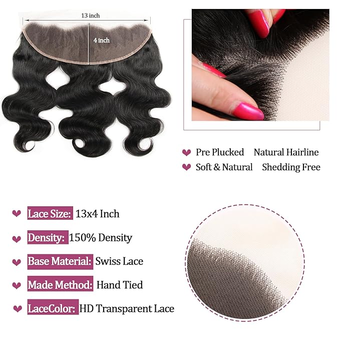 Body Wave Human Hair Bundles with Frontal (10 10 12 12+10Frontal) 12A 4 Bundles Human Hair with Closure 13x4 HD Lace Frontal 100% Unprocessed Brazilian Virgin Hair