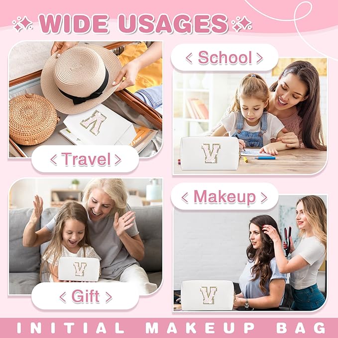 Small Initial Patch Makeup Bag Personalized Gifts Make Up Bag,White Cute PU Leather Glitter Letter Cosmetic Bag with Zipper,Trendy Portable Travel Toiletry Pouch,Preppy Stuff for Teen Girls Women V