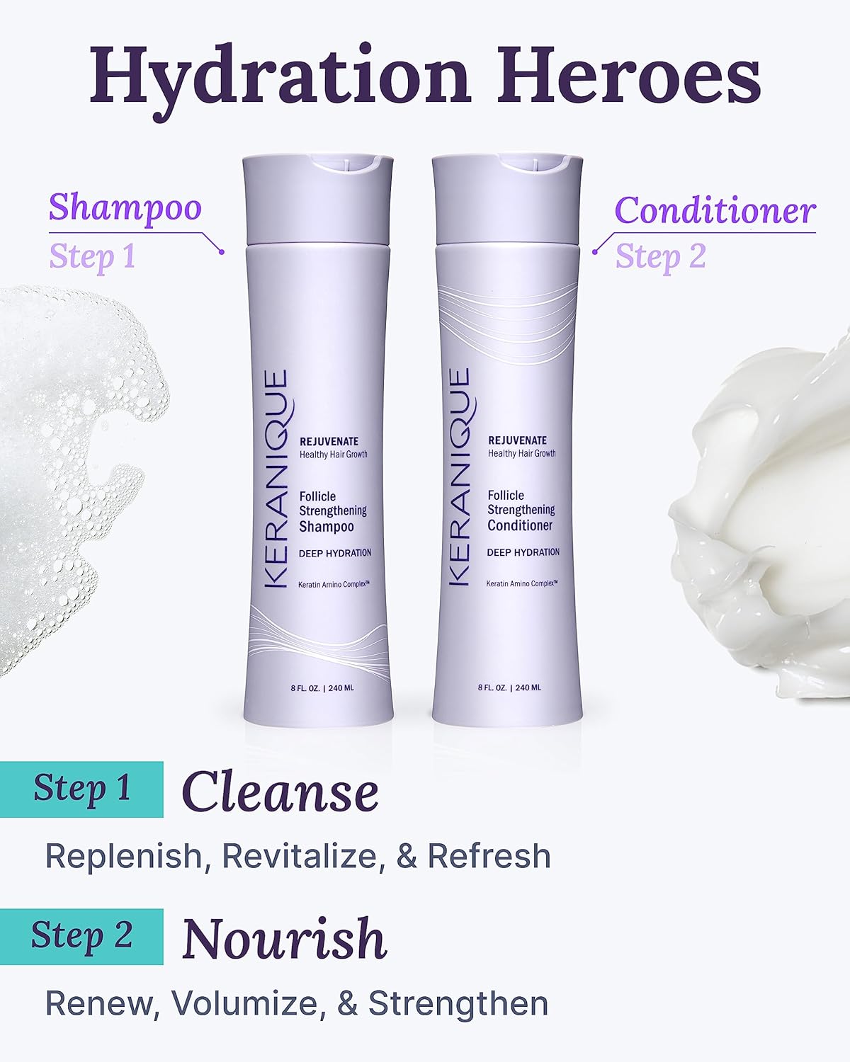 Keranique Hydrating Shampoo and Conditioner Set - Deep Hydration Hair Shampoo and Conditioner for Repairing Natural Moisture with Keratin - Sulfate-Free Intense Hydrator for Dry, Thin, Damaged Hair