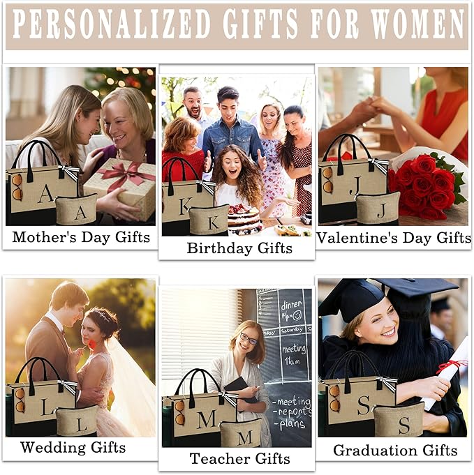 YOOLIFE Valentines Day Gifts for Her - Initial Jute Tote Bag & Makeup Bag, Birthday Gifts for Women Teacher Mom Wife Friend