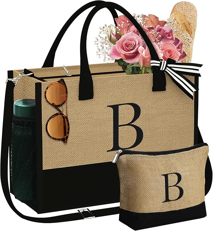 YOOLIFE Valentines Day Gifts for Her - Initial Jute Tote Bag & Makeup Bag, Birthday Gifts for Women Teacher Mom Wife Friend