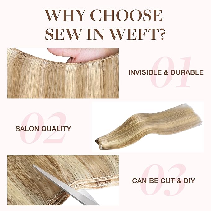 GOO GOO Sew in Hair Extensions Real Human Hair, Weft Hair Extensions Human Hair, 16/22 Light Blonde Highlighted Golden Blonde 20inch 130g, Weft Bundles Straight Silky Remy Hair