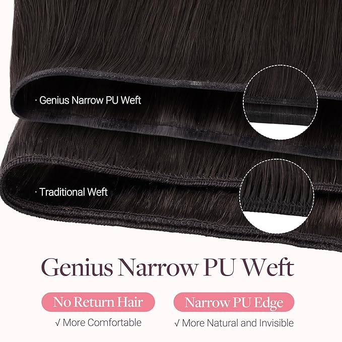 GOO GOO Genius Narrow Edge PU Weft Hair Extensions Human Hair, Invisible Sew in Hair Extensions Human Hair, 2 Dark Brown 16 Inch 100g, Seamless Soft Lightweight
