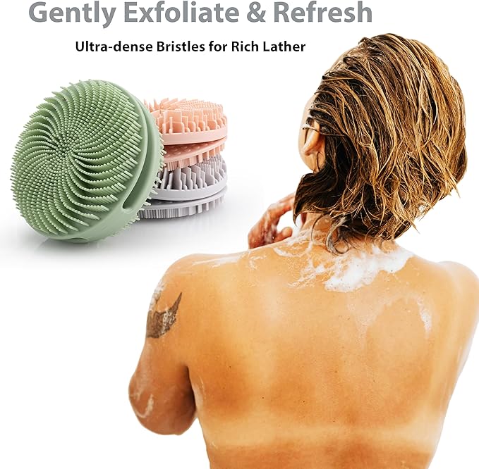 2 Pack Silicone Exfoliating Body Scrubber, Silicone Body Brush, Soft Silicone Loofah for Sensitive Skin, Shower Head Massager, Easy to Clean, Lathers Well(Gray&Green)