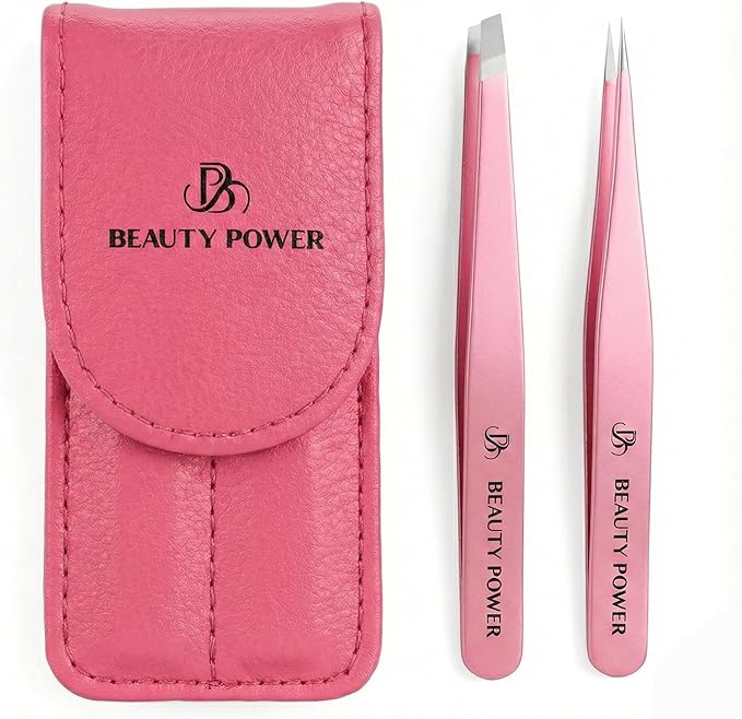 Professional Tweezers Set – Slant & Point, Ultra Precision German Stainless Steel Tweezers for Eyebrows, Chin, Ingrown Hair & Facial Grooming – Lightweight with Travel Case (Pink)
