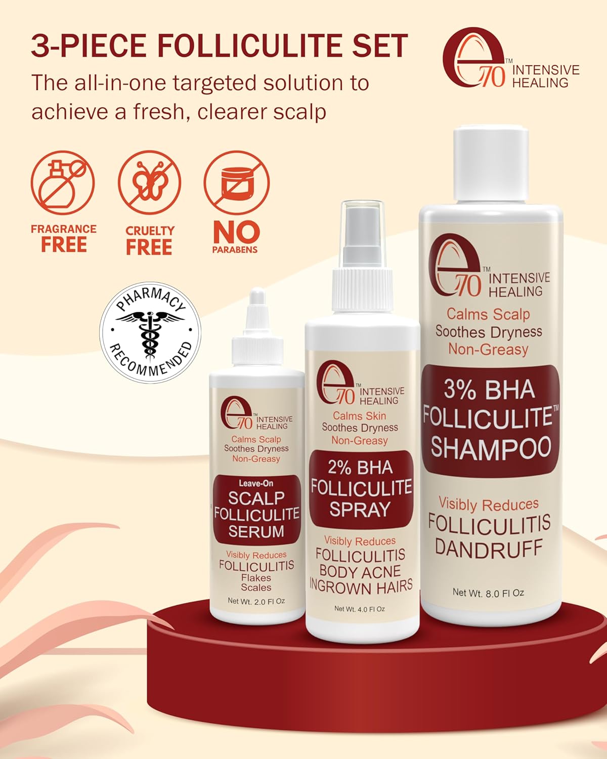 Folliculitis Treatment Leave-On Dry Scalp Serum - 3% BHA, Salicylic Acid, Tea Tree Oil & Peppermint Oil - Non-Greasy Serum for Irritated Flaky Scalp Treatment Acne, Made in USA by e70, 2 fl oz