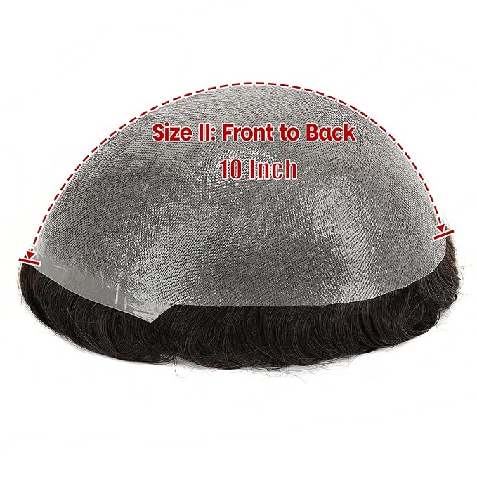 Mens 0.08mm Thin Skin Base Toupee, Natural Black with 10% Gray Hair 8x10 Inch Base Size V-Looped Invisible Hairline 110% Medium Density