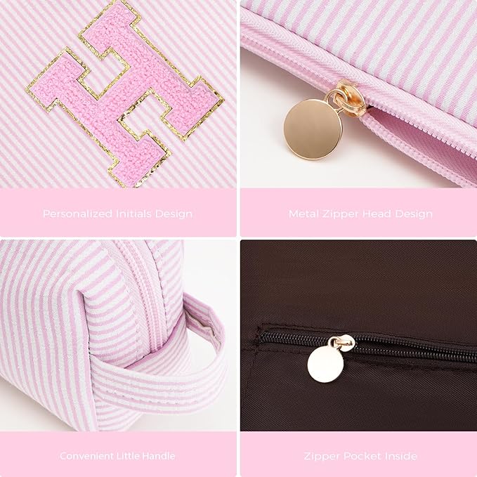 Monogrammed Gifts for Women - Cosmetic Bag for Teen,Initial Cute Makeup Bag Set for Women,Trendy Pouch for Niece Sister Friend Female Her,Birthday Gifts for Daughter - Pink,H