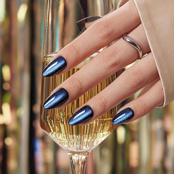 VSALON Press on Nails Short Almond - Blue Cat Eye Chrome Glitter Glossy Glue On Valentine Nails Kit, Reusable Opaque Gel Magnetic Effect Fake Nails with Glue - in 16 Sizes 32 Stick On Nails