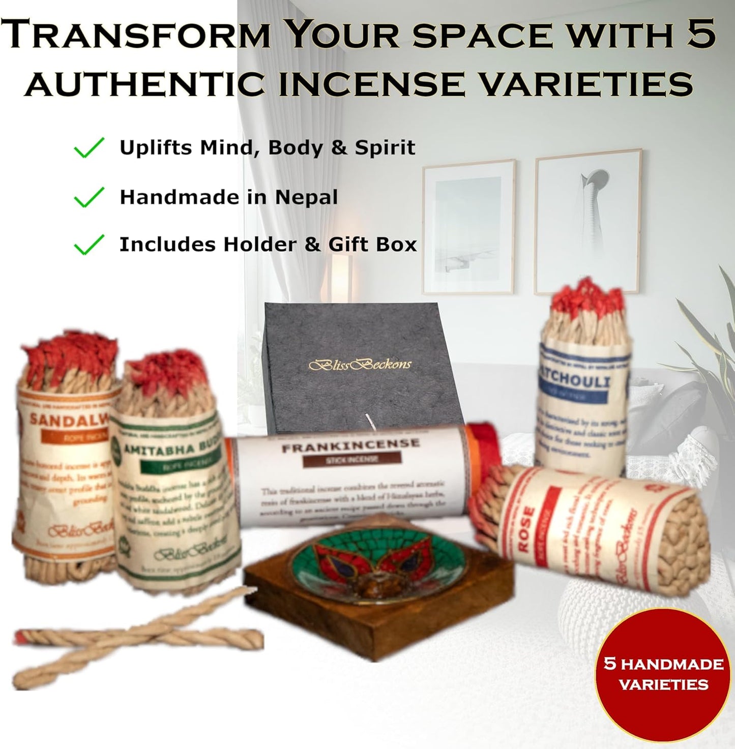 Handmade Tibetan Incense Gift Set – 150 pcs Incense Variety Pack: Frankincense, Patchouli, Sandalwood, Rose, Amitabha Buddha, Incense Holder, 4 Rope Bundles and 1 Stick Bundle