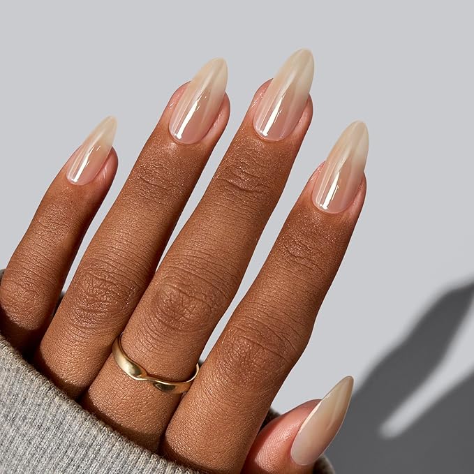 BTArtbox Press On Nails Medium Almond - Press on Nails Chrome Nails, Light Weight & Fit Perfectly Fake Nail with Nail Glue, Nude Glue On Nails in 16 Sizes, Glazed Donut